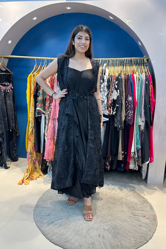 3pc Partywear Indo-western Set Paired With Cowl Drape Skirt With Belt