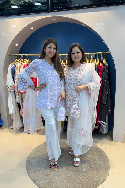 3pc Schiffili Cotton Suit With Organza Dupatta And Potli
