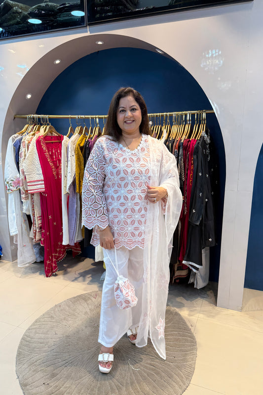 3pc Schiffili Cotton Suit With Organza Dupatta And Potli
