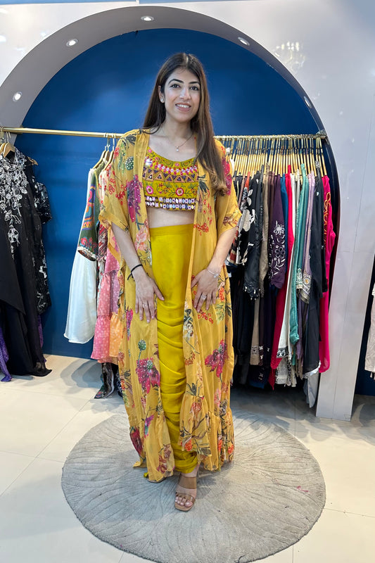 3pc Partywear Indo-western Set Paired With Cowl Drape Skirt
