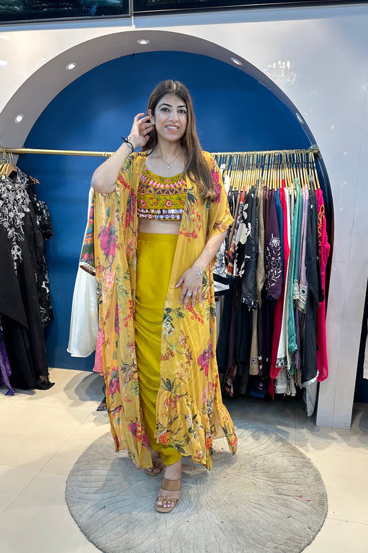3pc Partywear Indo-western Set Paired With Cowl Drape Skirt