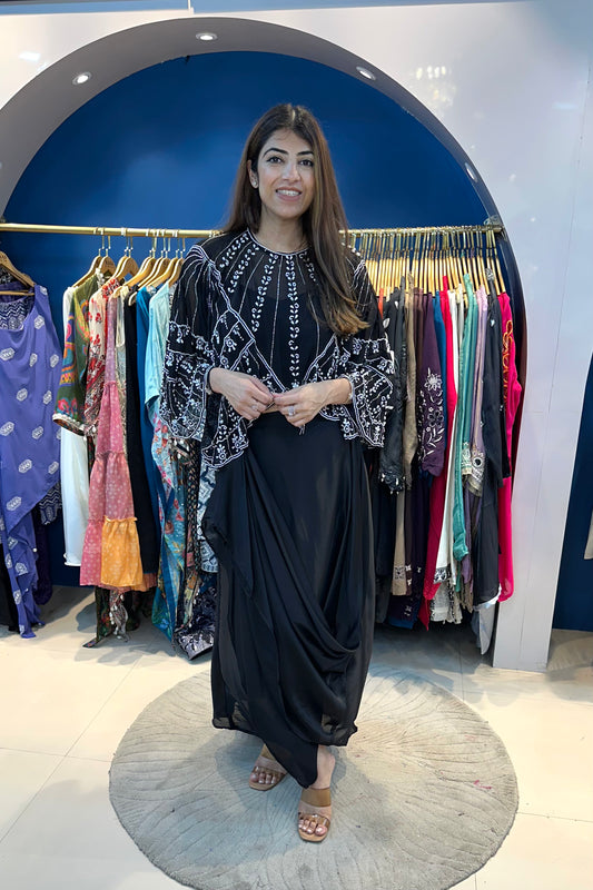 3PC Partywear Indo-western Set Paired With Drape Skirt