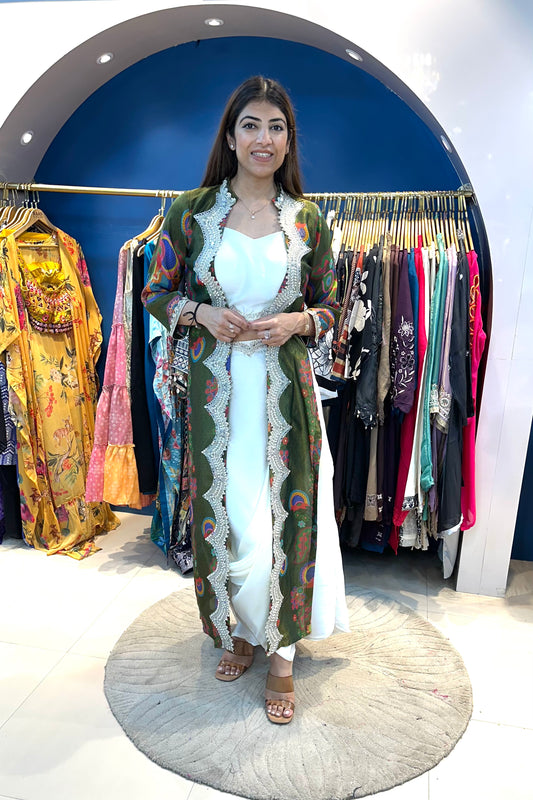 3pc Partywear Indo-western Paired With Drape Skirt