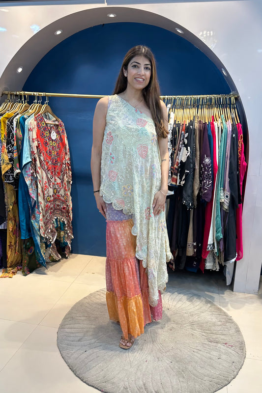 2pc Off-Shoulder Partywear Indo-western Set Paired With Multi-color Sharara