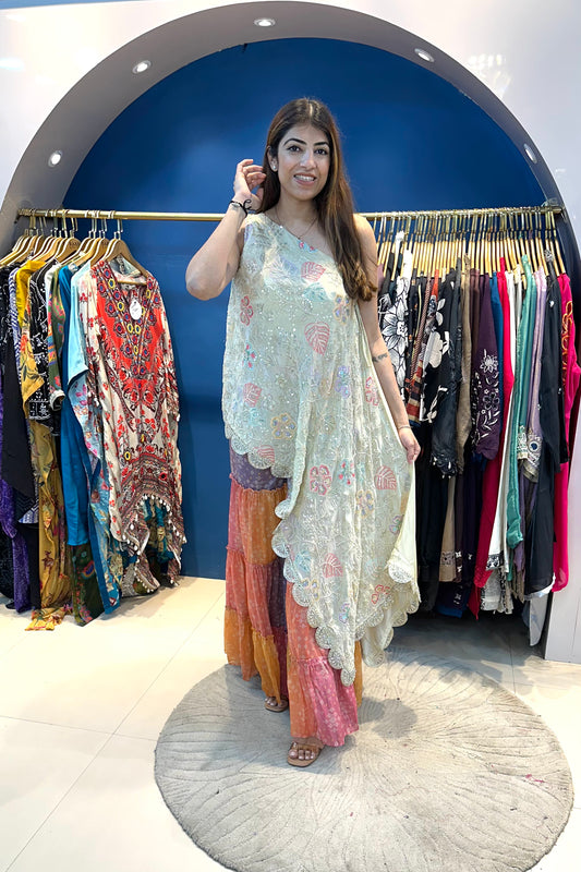2pc Off-Shoulder Partywear Indo-western Set Paired With Multi-color Sharara