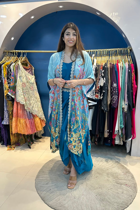 3pc Partywear Indo-western Paired With Cowl Drape Skirt