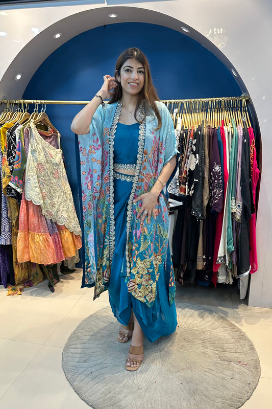 3pc Partywear Indo-western Paired With Cowl Drape Skirt