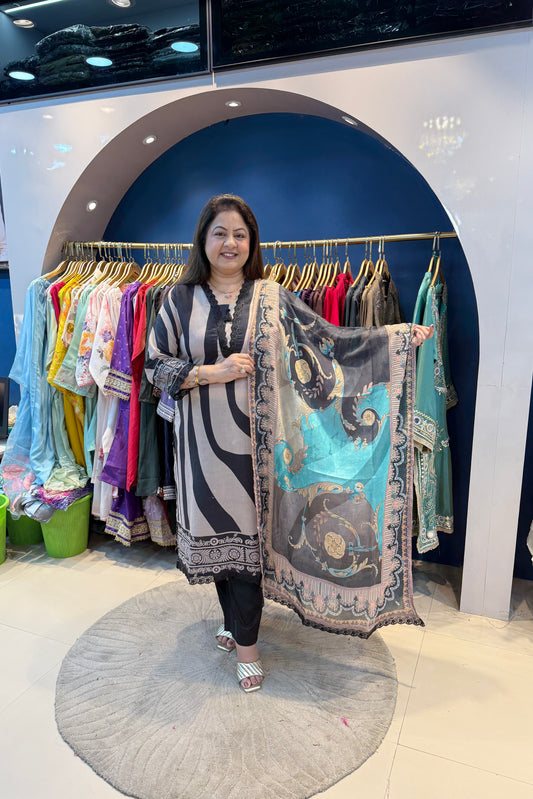 3pc Cotton Muslin Suit With Printed Dupatta