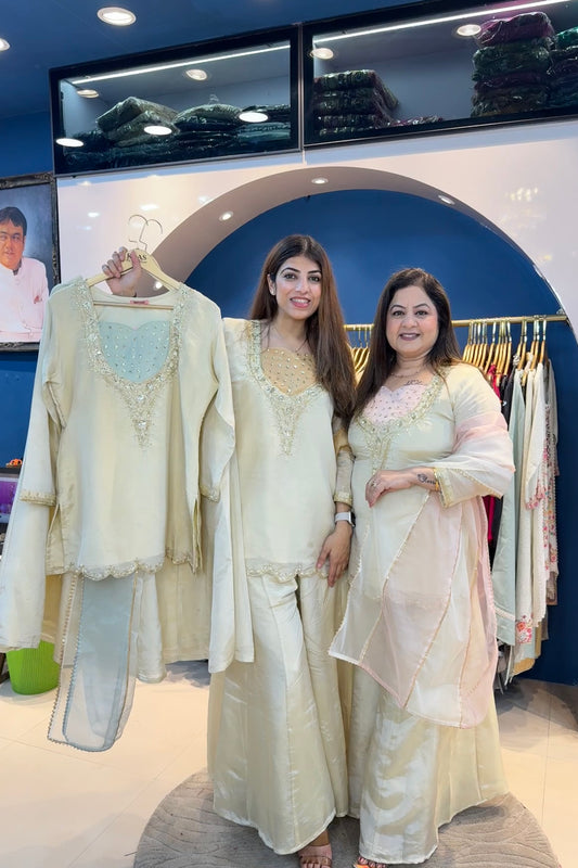 3pc Shimmer Tissue Partywear Suit With Organza Dupatta Paired With Divider Plazzo