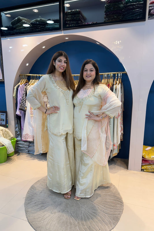 3pc Shimmer Tissue Partywear Suit With Organza Dupatta Paired With Divider Plazzo