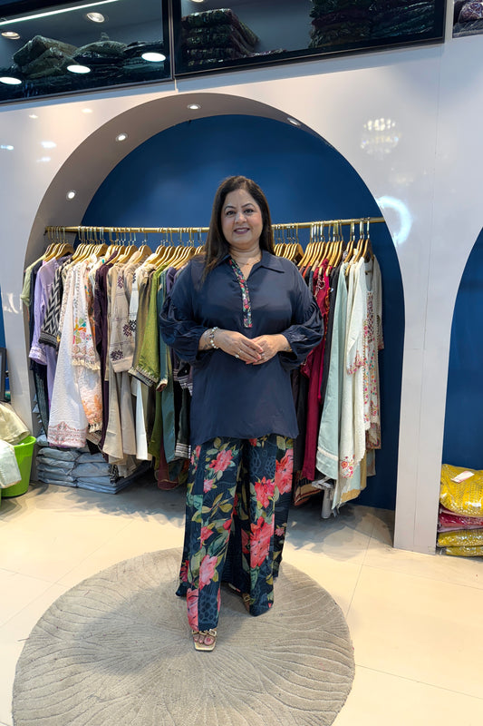 3pc Crepe Partywear Indo-western Set Paired With Floral Plazzo