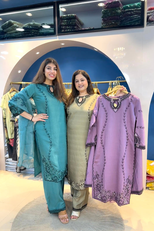 3pc Cotton Partywear Pakistani Suit With Organza Dupatta