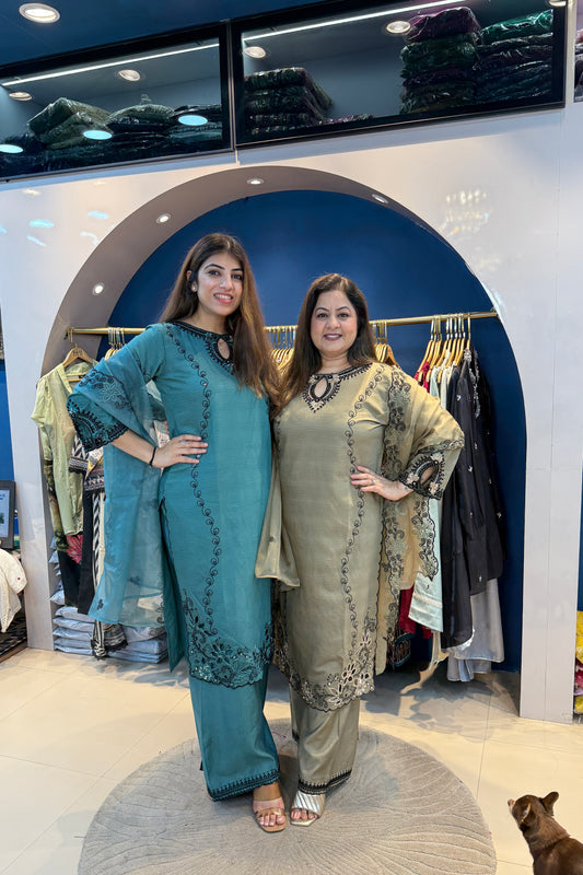 3pc Cotton Partywear Pakistani Suit With Organza Dupatta