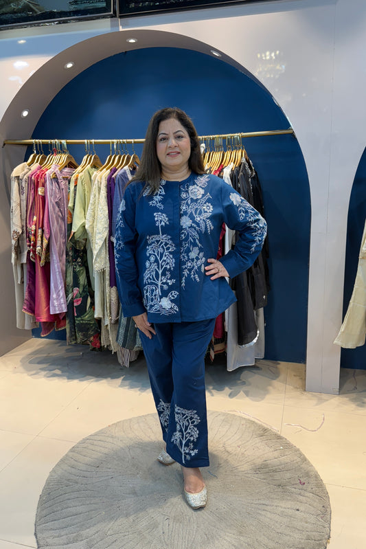 2pc Cotton-Linen Co-ord Set With Embroidery On Shirt And Pant