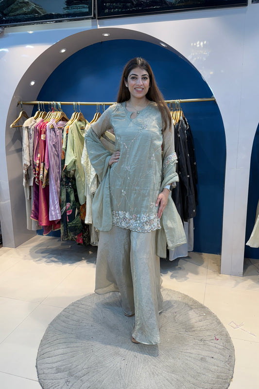 3pc Shimmer Tissue Partywear Suit Paired With Divider Plazzo