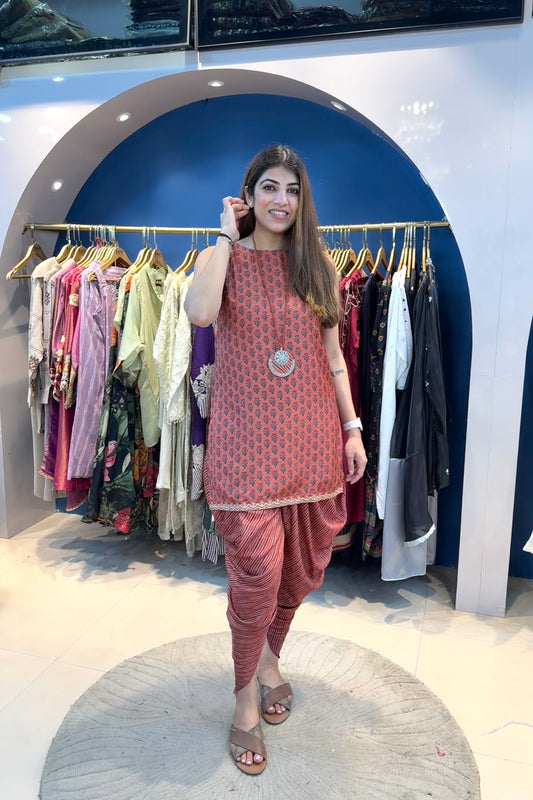 2pc Cotton-Muslin Sleeveless Co-ors Set Paired With Dhoti Pants