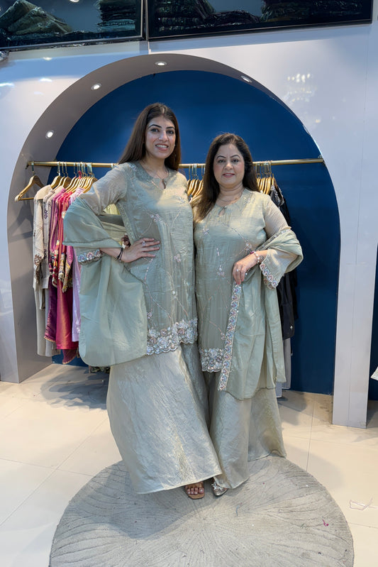 3pc Shimmer Tissue Partywear Suit Paired With Divider Plazzo