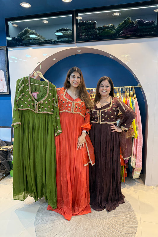 3pc Chinon Partywear Dress Paired With Short Blouse Jacket And Organza Dupatta