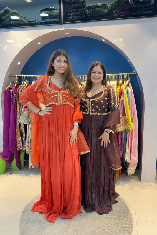 3pc Chinon Partywear Dress Paired With Short Blouse Jacket And Organza Dupatta