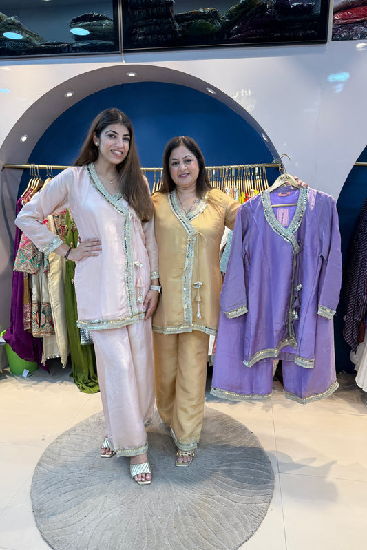 2pc Shimmer Tisuue Partywear Angrakha Style Co-ord Style