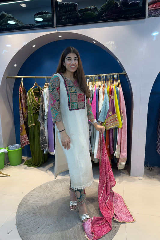 3pc Banarsi Silk Partywear Suit With Bandhani Print Tissue Dupatta
