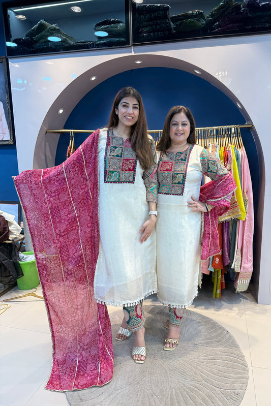 3pc Banarsi Silk Partywear Suit With Bandhani Print Tissue Dupatta