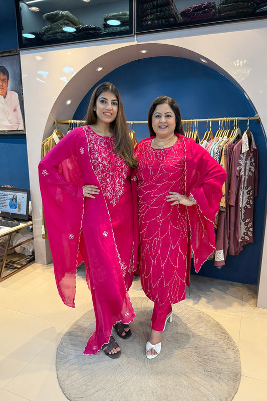 3pc Cotton Kantha Work Suit With Organza Dupatta