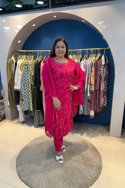 3pc Cotton Kantha Work Suit With Organza Dupatta
