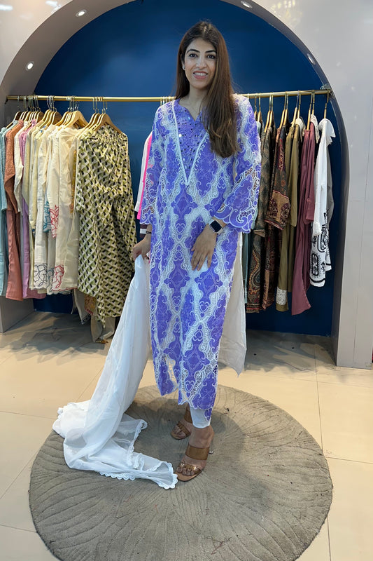 3pc Schiffli Cotton Pakistani Suit With Organza Dupatta