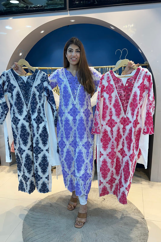 3pc Schiffli Cotton Pakistani Suit With Organza Dupatta