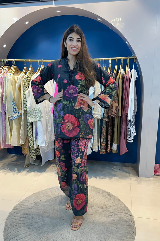 3pc Partywear Flower Co-ord Set With Short Inner