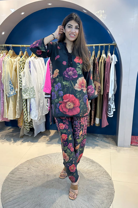 3pc Partywear Flower Co-ord Set With Short Inner