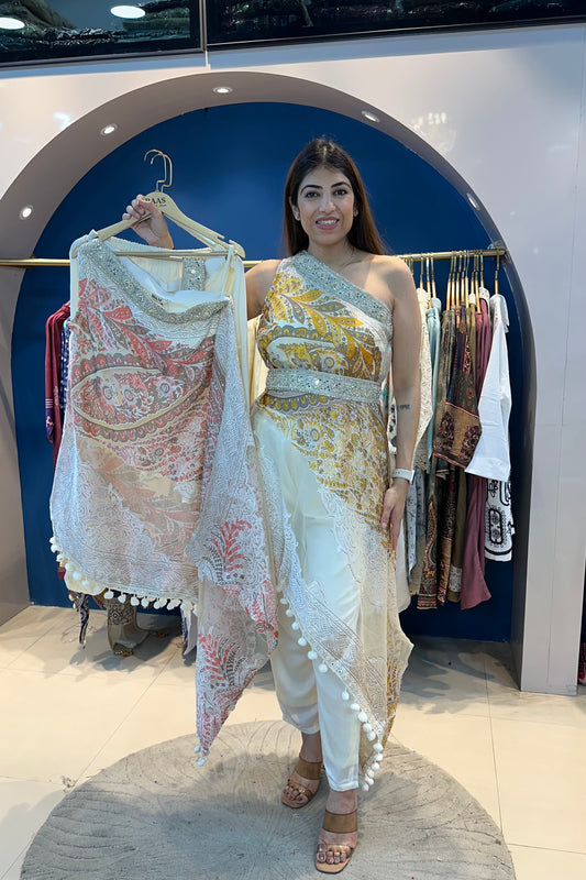 One-Shoulder Partywear Indo-western Set With Belt
