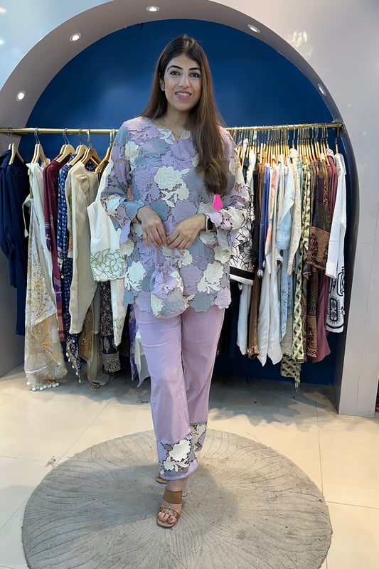 2pc Schiffli Cotton Co-ord Set With Potli
