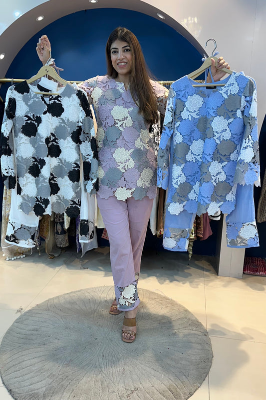 2pc Schiffli Cotton Co-ord Set With Potli