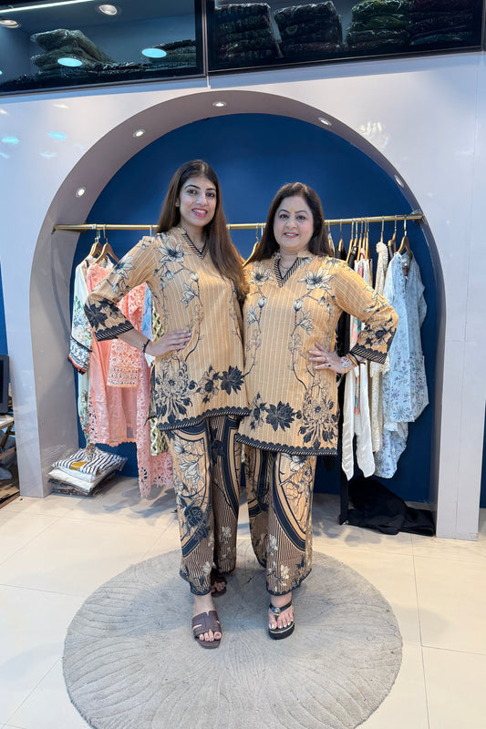 2pc Cotton Printed Co-ord Set Paired With Wide Plazzo