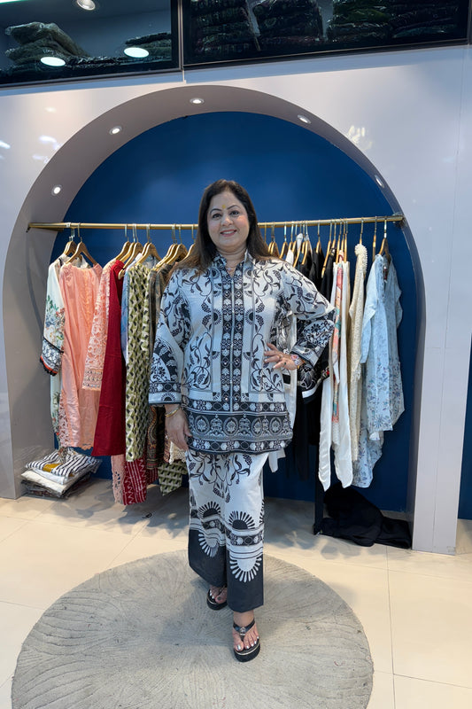 2pc Cotton Printed Co-ord Set Paired With Wide Plazzo