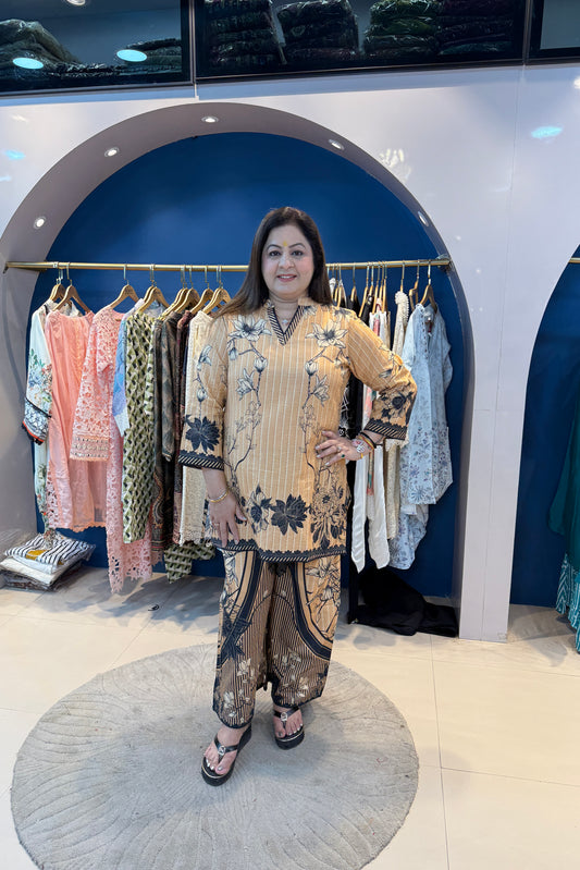 2pc Cotton Printed Co-ord Set Paired With Wide Plazzo