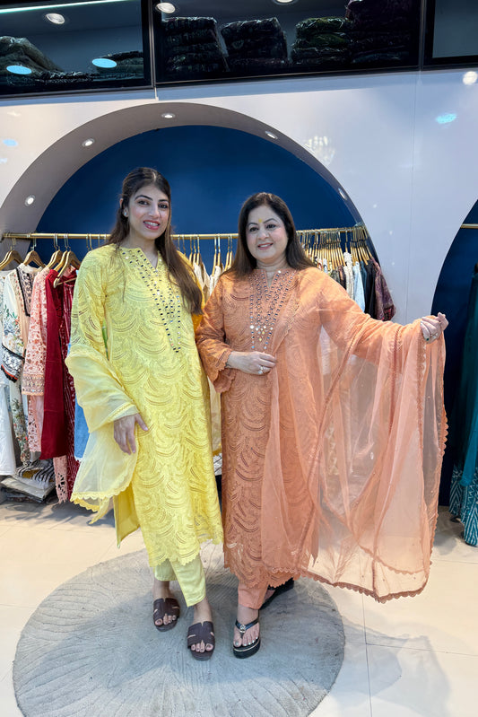 3pc Schiffli Cotton Suit With Organza Dupatta