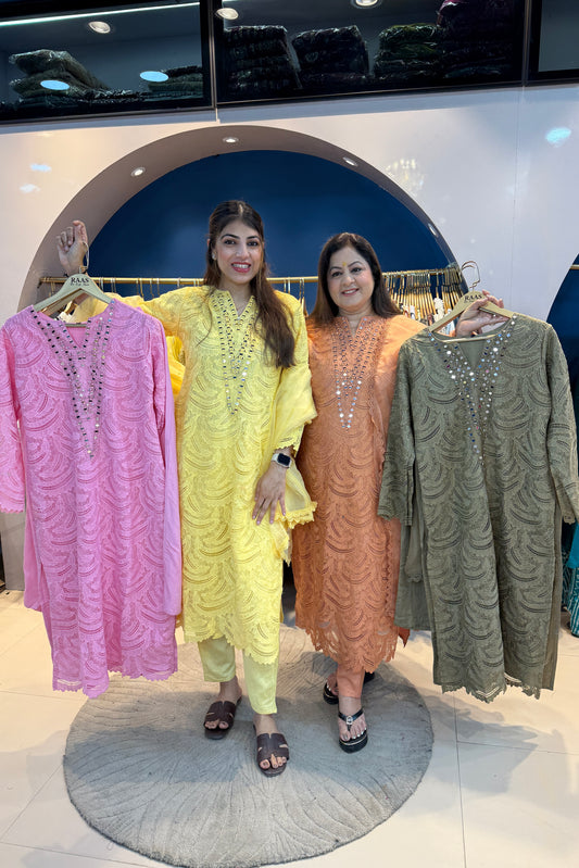 3pc Schiffli Cotton Suit With Organza Dupatta
