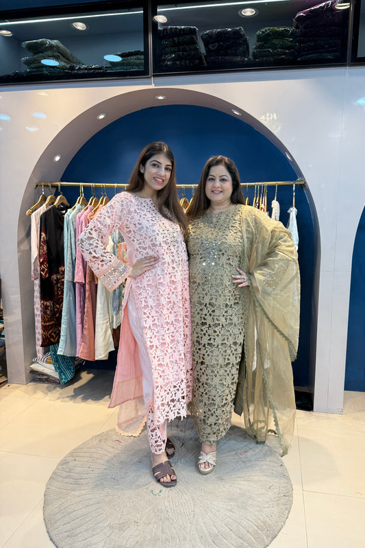 3pc Schiffli Cotton Suit With Organza Dupatta