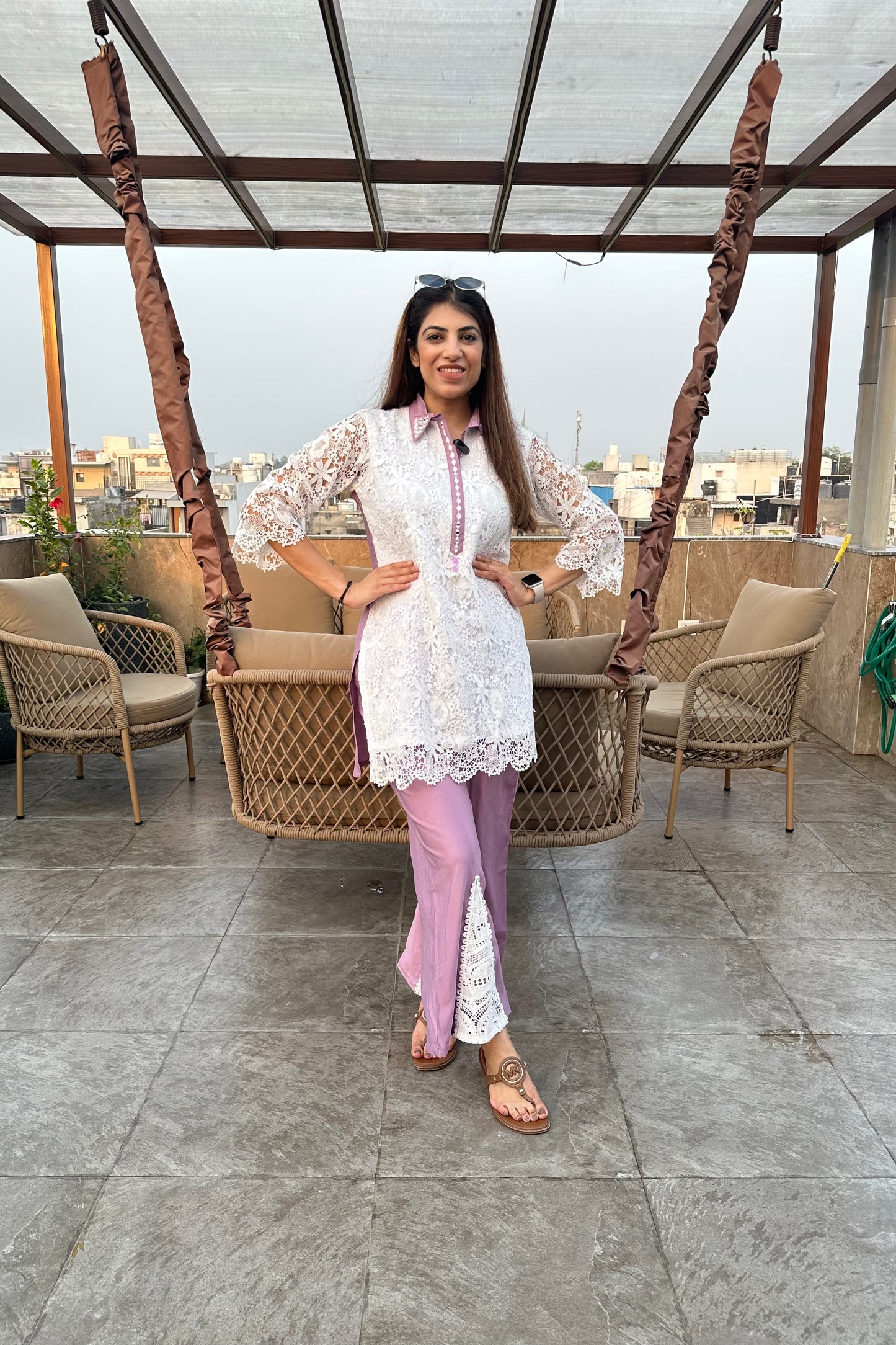 2pc Crochet-Cotton Co-ord Set Paired With Bell-Bottom Pants