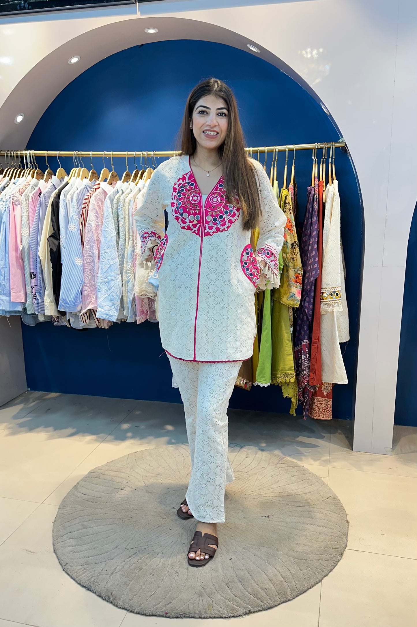 2pc Partywear Schiffli Co-ord Set Paired With Bell-bottom Pants