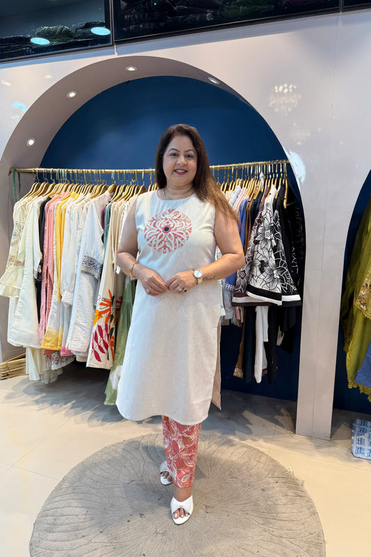 2pc Khadi Cotton Sleeveless Co-ord Set Paired With Printed Pants