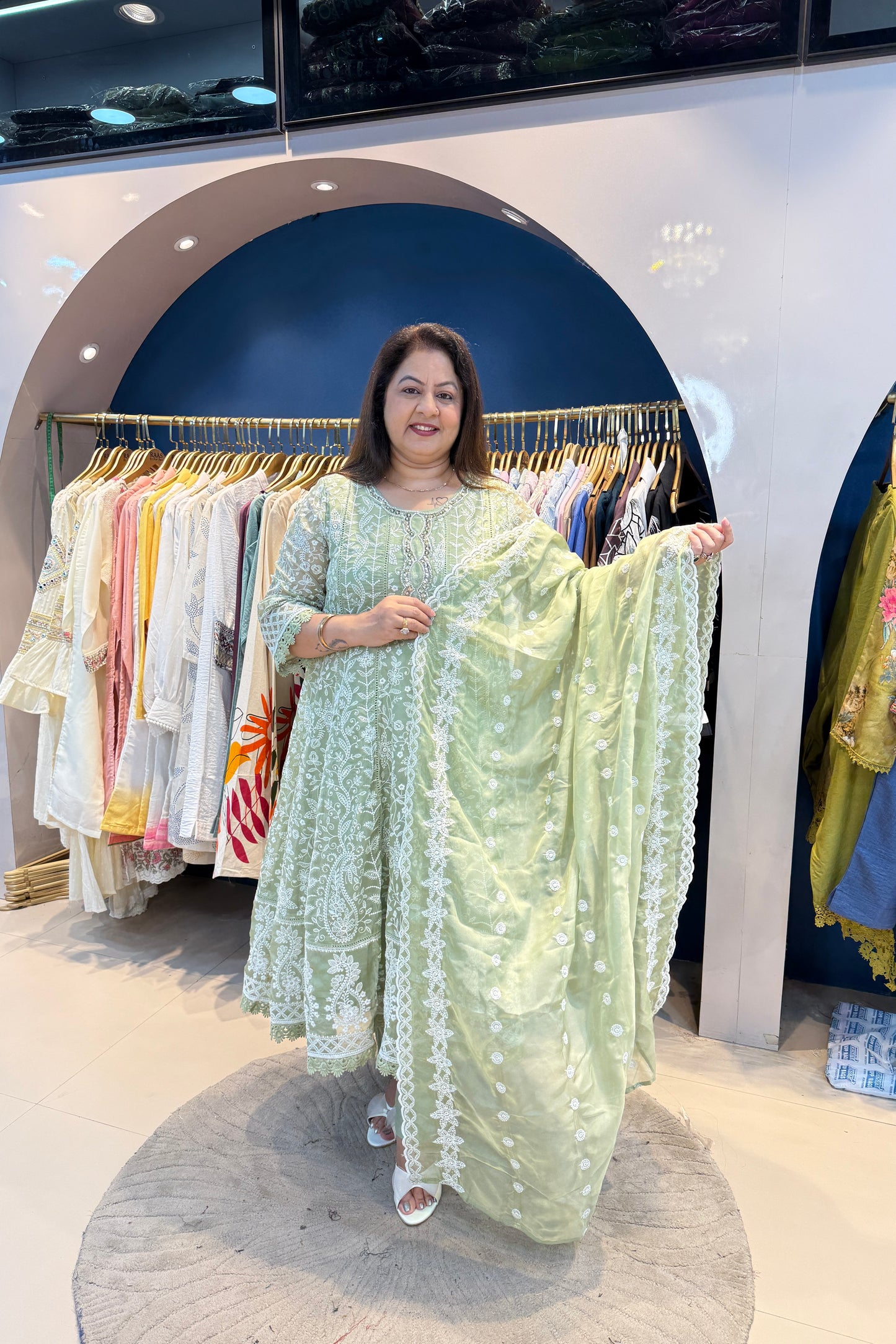 3pc Chikankari Anarkali Suit With Organza Dupatta