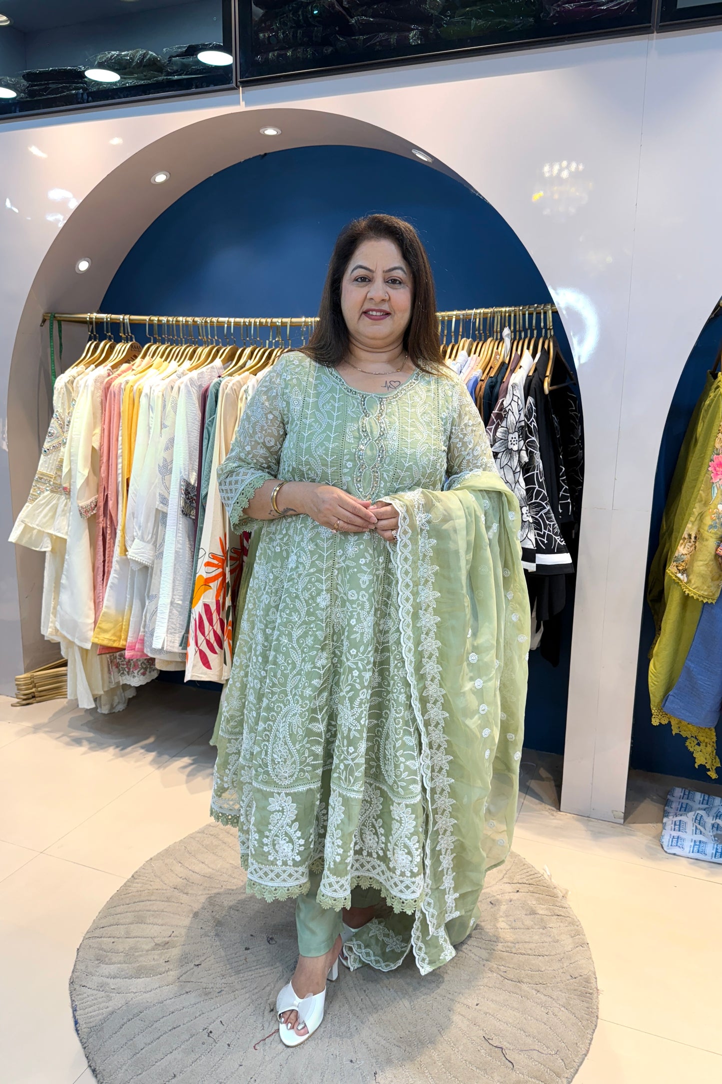 3pc Chikankari Anarkali Suit With Organza Dupatta