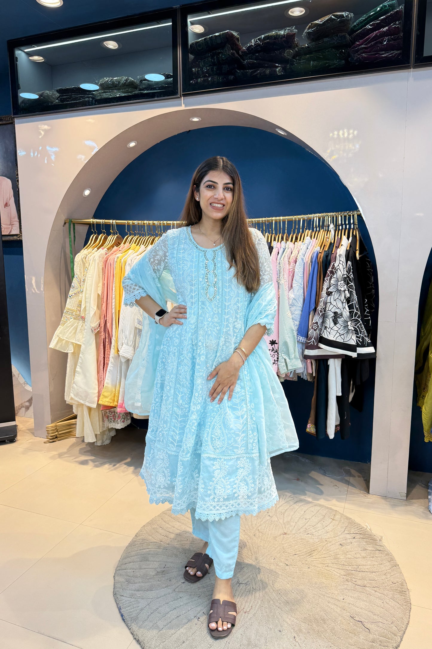 3pc Chikankari Anarkali Suit With Organza Dupatta