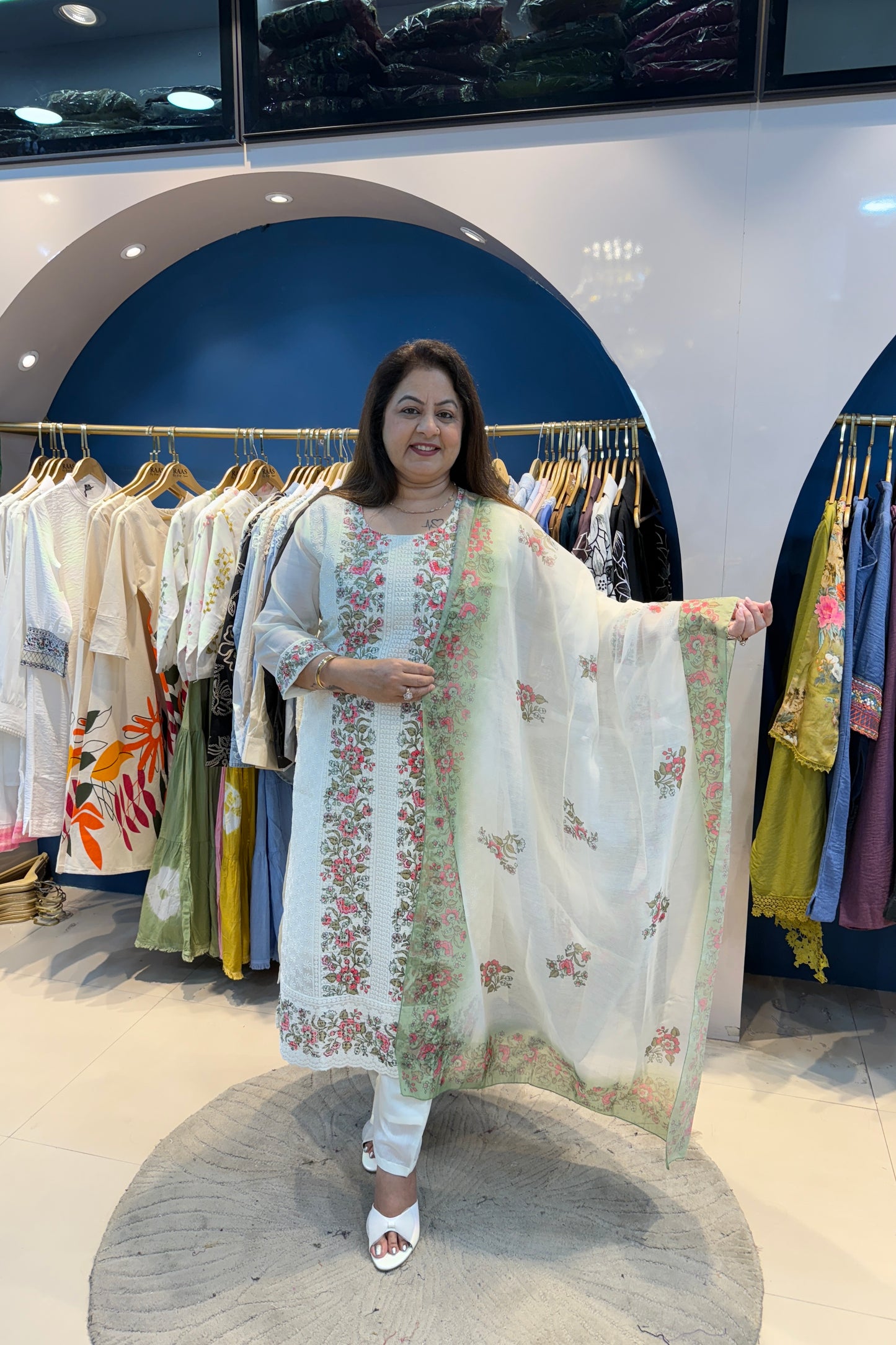 3pc Chikankari Embroidered Suit With Printed Dupatta