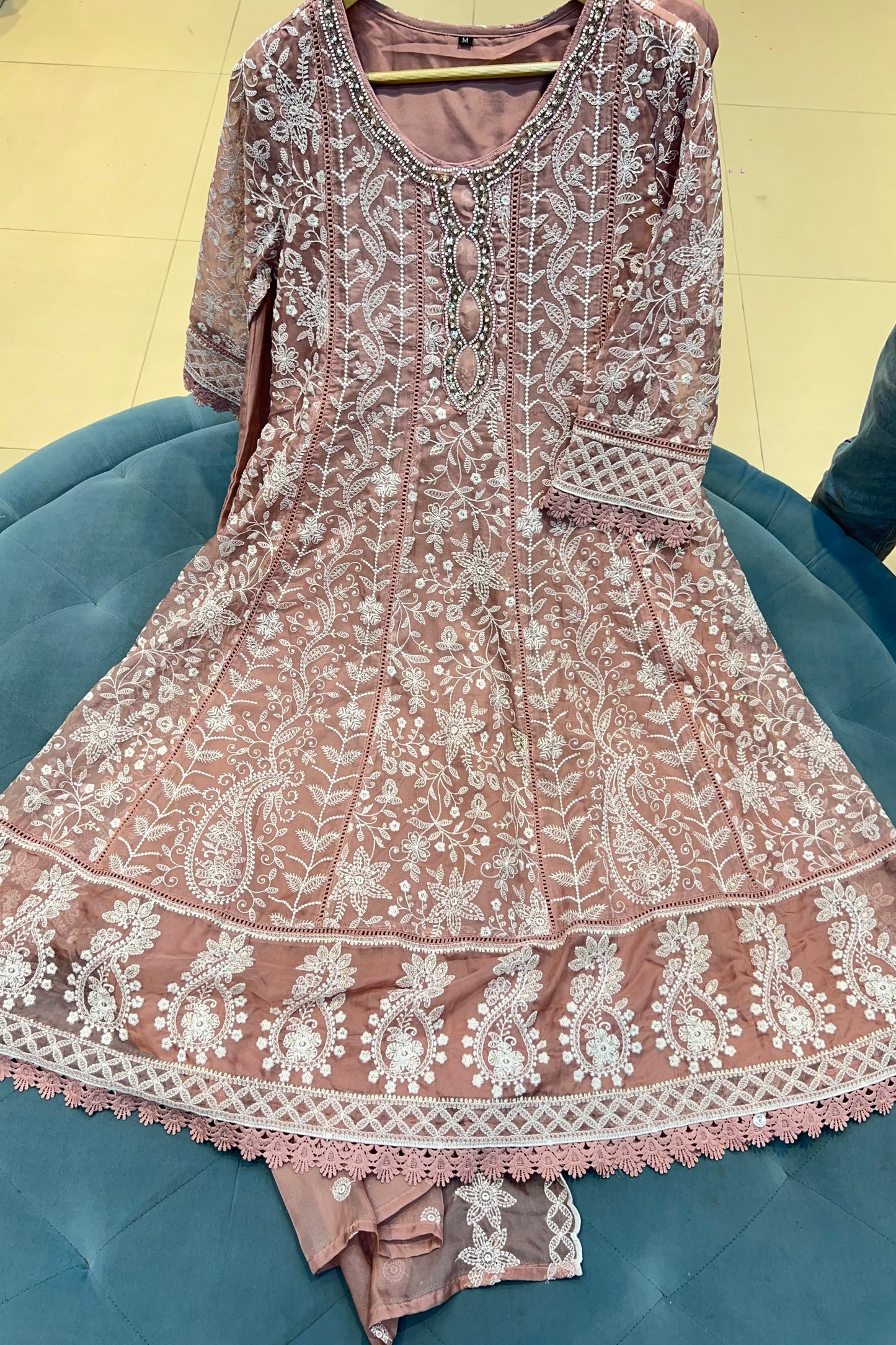 3pc Chikankari Anarkali Suit With Organza Dupatta
