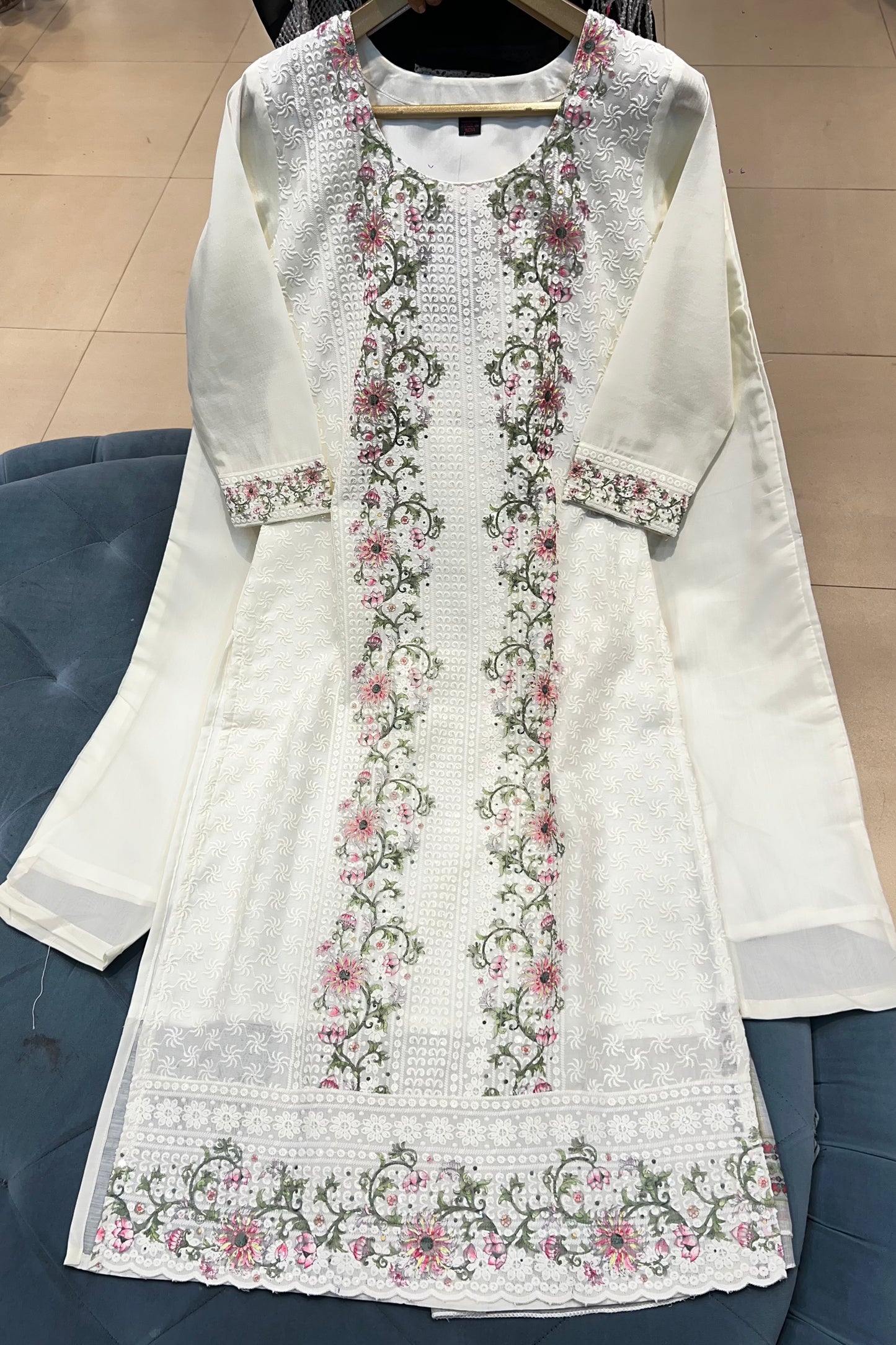 3pc Chikankari Embroidered Suit With Printed Dupatta